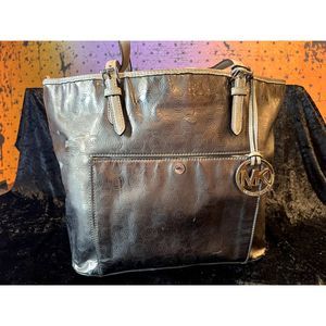 Michael Kors Logo Monogram Gold Brass Vinyl Large Purse Shoulder Bag